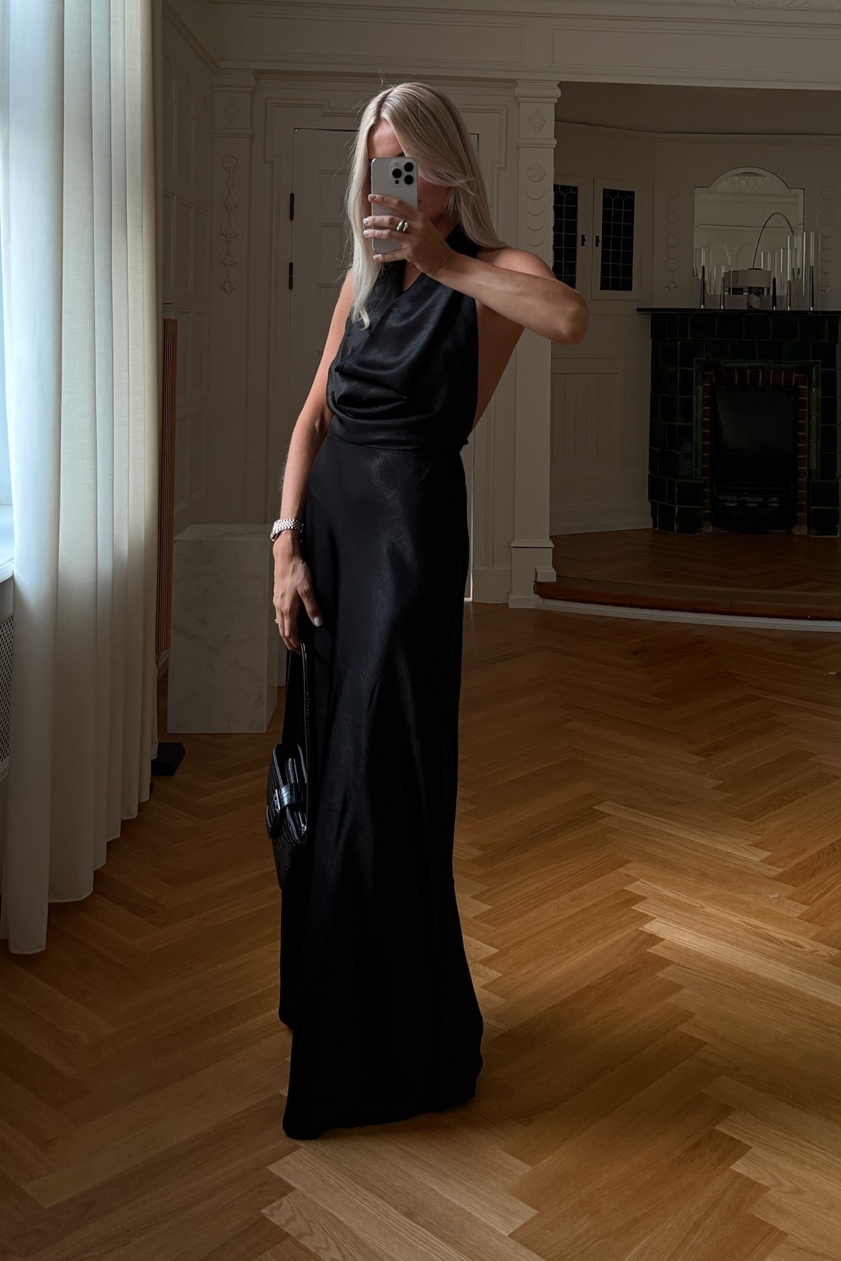 neila satin dress in black Neila One Shoulder Stain Maxi Dress